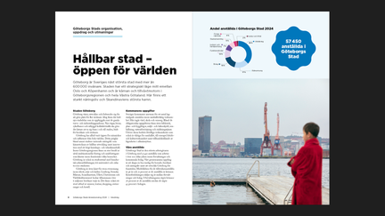 Exempel på inlaga i en rapport med text, diagram, infografik och foto.