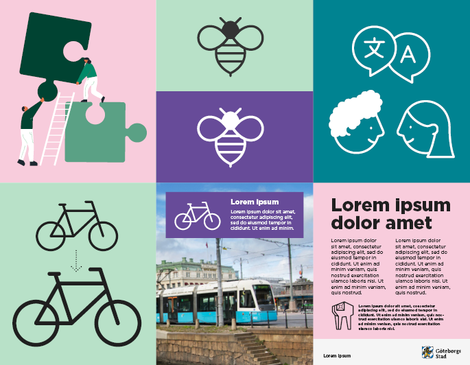 Exempel p&aring; hur du ska anv&auml;ndas illustrationer: F&aring; f&auml;rger, samma linjetjocklek och p&aring; enf&auml;rgad bakgrund.