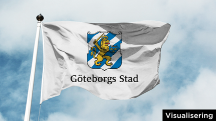 Visualisering av flagga med logotyp och bakgrund i vitt.