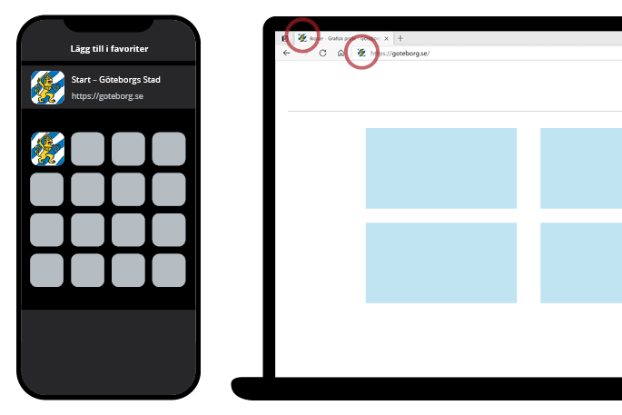 Faviconen placerad i adressf&auml;lt, startsidor och i webbl&auml;sarens flik.