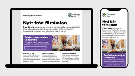 Exempel på nyhetsbrev på desktop och i mobil, med text och foto.