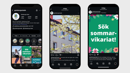 Exempel på Instagram i mobil-läge där Göteborgs Stads logotyp syns som profilbild. Under syns inlägg i form av foto, illustration och text mot färgad bakgrund.