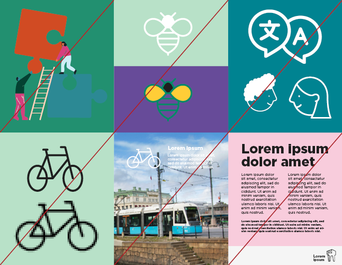 Exempel p&aring; hur du inte ska anv&auml;nda illustrationerna: f&auml;rger som sk&auml;r sig, olika linjetjocklekar, illustration p&aring; foto.