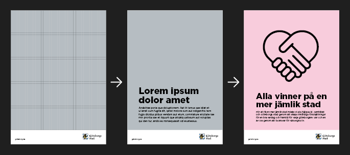 Tre affischer bredvid varandra, fr&aring;n tom med designsystem synligt till mall med platsh&aring;llare synligt till f&auml;rdig affisch med inneh&aring;ll inlagt.