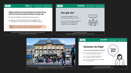 Exempel på sidor i en webbutbildning för desktop. Text och film tillsammans med stadens färger.