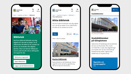 Exempel på sidor från goteborg.se med stadens färger, logotyp, bilder och typsnitt i mobilläge. 