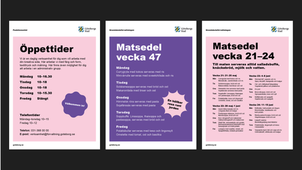 Exempel på affischer för öppettider och matsedel, med text på färgad bakgrund.