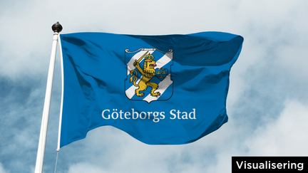 Visualisering av flagga med logotyp och bakgrund i göteborgsblått.