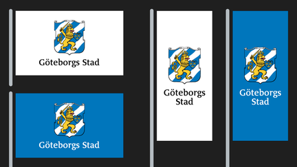 Flaggor med logotyp och bakgrund i göteborgsblått och vitt.