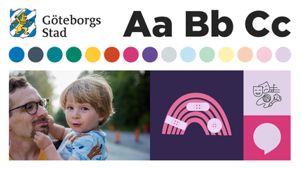 Grafisk bild med logotyp, typsnitt, färger, foto och illustration bredvid varandra.