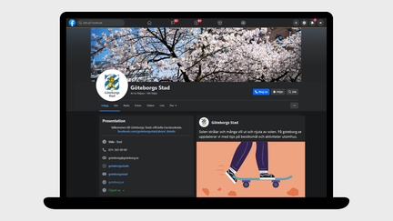 Exempel på Facebook i desktop-läge där ett foto av ett blommande träd syns som omslagsbild, Göteborgs Stads logotyp som profilbild och en illustration som bild till inlägg.