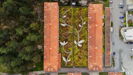 Hus och odling i form av en blomma sedd ovanfrån.