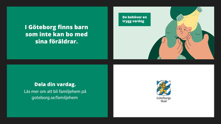 Exempel på textplattor med vit text på grön bakgrund, en textplatta på animation samt logotyp som slutbild.