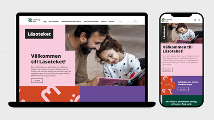 Exempel på webbsidan Läsoteket som använder stadens färger, bilder, logotyp och typsnitt. Det syns ett foto på en pappa och ett barn och text på färgplattor.