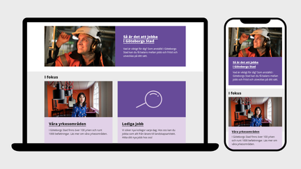 Exempel på puffar på goteborg.se. Det syns ett foton på medarbetare och text på färgplattor.