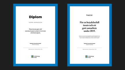 Exempel på diplom i göteborgsblått och vitt.