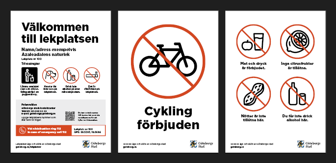 Exempel p&aring; skyltar i A-format med vanligt inneh&aring;ll: Information om lekplats och f&ouml;rbud.