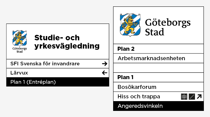 Exempel p&aring; entr&eacute;skyltar inomhus med information om vad som finns i lokalerna.
