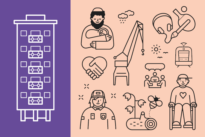 Illustrationer gjorda i linjeman&eacute;ret: byggnad, man med barn, kran, person i rullstol, sp&aring;rvagn, natur och s&aring; vidare.