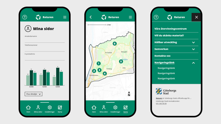Exempel på app med innehåll och menyer i Göteborgs Stads färger och typsnitt och grafik.