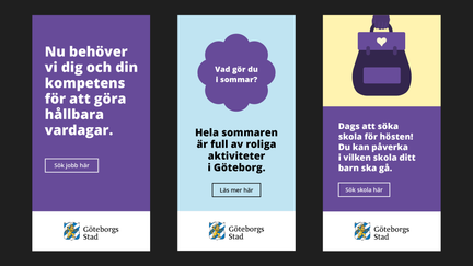 Exempel på stående webbannonser, banners med text på färgad bakgrund tillsammans med illustration.