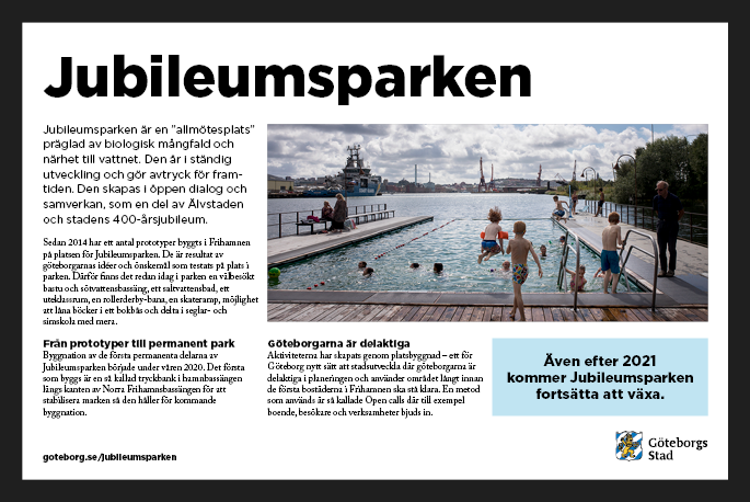 Exempel p&aring; en platsinformationskylt med information om och foto p&aring; jubileumsparken.