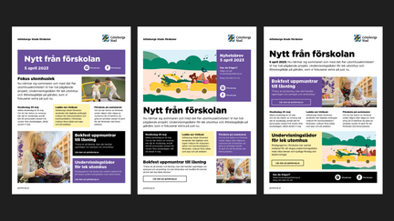 Exempel på nyhetsbrev i A4-format med tre olika layouter, alla innehåller text, foto och illustration med olika placeringar.