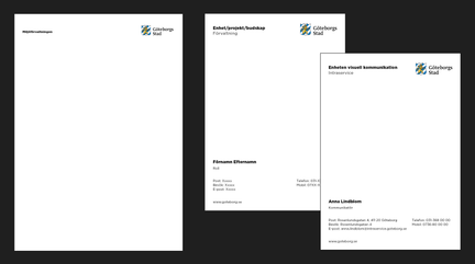 Exempel på tomma bredpapper med Göteborgs Stads logotyp och plats för förvaltningsnamn och andra kontaktuppgifter.