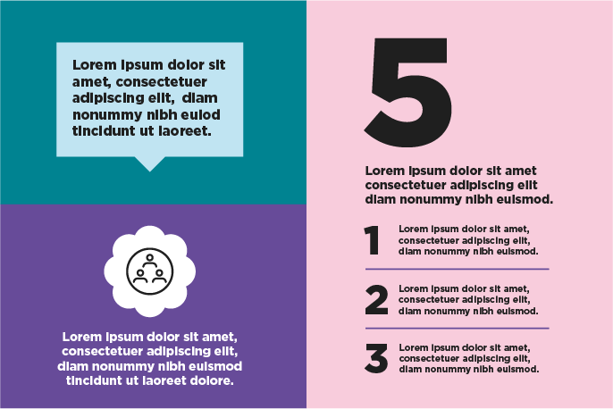 Exempel p&aring; olika infografik: pratbubbla, ikon i puff och lista med stora siffror.