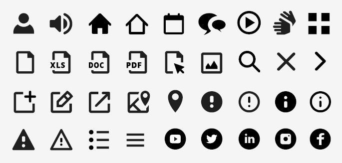 Ett urval av webbikoner f&ouml;r exempelvis ljud, kalender, teckenspr&aring;k, dokument, bild och s&aring; vidare.