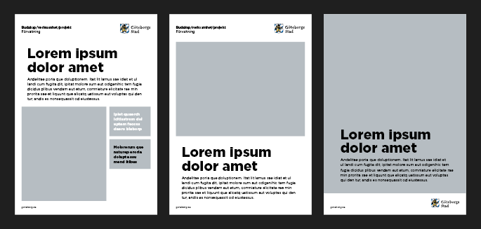 Exempel p&aring; en mall med tre olika layouter med olika placering av bild och text, och med logotyp inlagt.