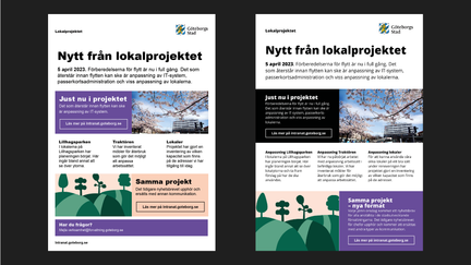 Exempel på nyhetsbrev i A4-format med tre olika layouter, alla innehåller text, foto och illustration med olika placeringar.