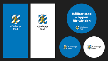 Exempel på profilprodukterna rollup, badge i göteborgsblått och vitt.