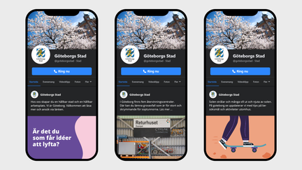 Exempel på Facebook i mobil-läge där ett foto av ett blommande träd syns som omslagsbild, Göteborgs Stads logotyp som profilbild och en illustration som bild till inlägg.