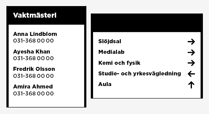 Exempel p&aring; skyltramar med utskrivna skyltar i, information om vad som finns i rum.
