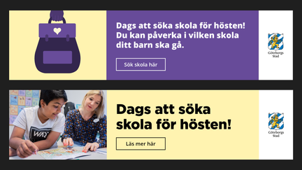 Exempel på webbannonser, banners med text på färgad bakgrund tillsammans med illustration och foto.