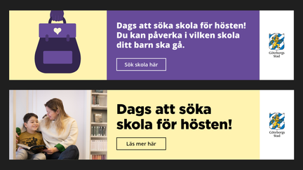 Exempel på webbannonser, banners med text på färgad bakgrund tillsammans med illustration och foto.