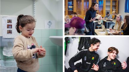 Bilden visar tre foton: En flicka i ett badrum, en lärare med elever i ett klassrum och ett par ungdomar med fotbollskläder.