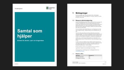 Exempel på framsida och insida av en rapport gjord i Word. Framsidan består av titeln på en turkos platta och insidan av rubriker, text och tabell..