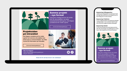 Exempel på nyhetsbrev i desktop och mobil, med illustration, text och foto.