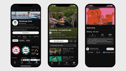 Exempel på Youtube i mobil-läge där ett foto av en färja syns som omslagsbild, Göteborgs Stads logotyp som profilbild och två filmer gjorde enligt grafisk profil syns bredvid.