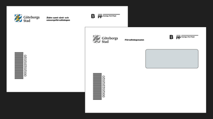 exempel på kuvert med Göteborgs Stads logotyp och förvaltningnamn.