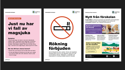 Exempel på affischer för aktuell information och förbud, bredvid exempel på nyhetsbrev.