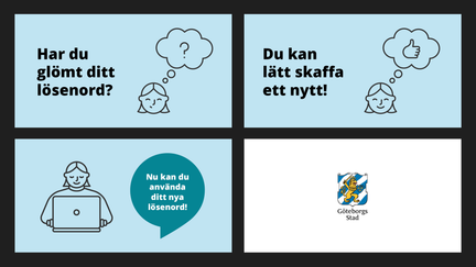 Exempel på textplattor med animerade illustrationer kombinerat med stilla illustrationer och slutruta med logotyp.