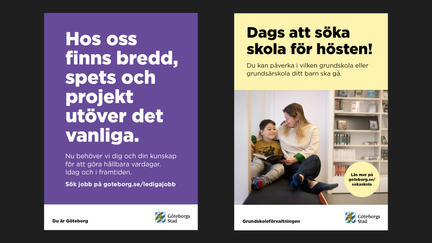 Exempel på annonser på stadstavlor på stan, men text på färgad bakgrund tillsammans med foto.