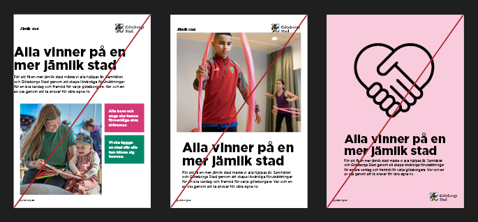 Tre exempel p&aring; affischer d&auml;r inneh&aring;llet ligger utanf&ouml;r designsystemet.
