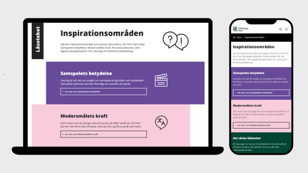 Exempel på webbsidan Läsoteket som använder stadens färger, bilder, logotyp och typsnitt. Det syns text och ikoner på färgplattor.