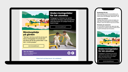 Exempel på nyhetsbrev i desktop och mobil, med illustration, text och foto.