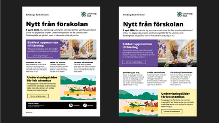 Exempel på nyhetsbrev i A4-format med tre olika layouter, alla innehåller text, foto och illustration med olika placeringar.