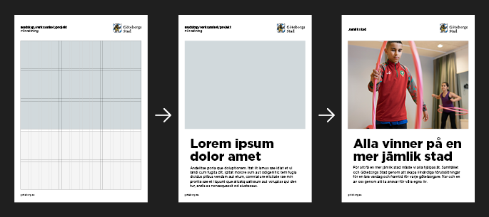 Tre affischer bredvid varandra, fr&aring;n tom med designsystem synligt till mall med platsh&aring;llare synligt till f&auml;rdig affisch med inneh&aring;ll inlagt.